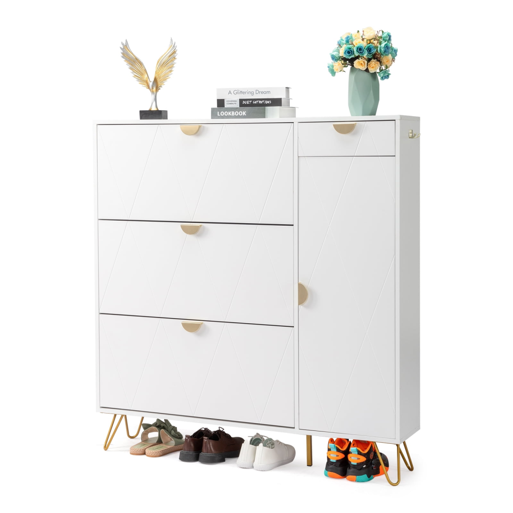 Zapatero moderno para entrada, 3 cajones abatibles y 1 estante, estante y cajón de almacenamiento, madera blanca