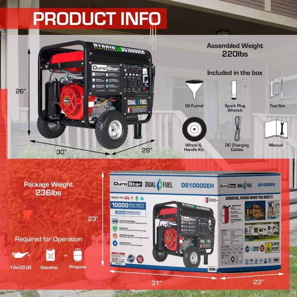 DS10000EH Generador portátil de Doble Combustible, 10000 W, Arranque eléctrico, Respaldo en casa y Listo para RV, Aprobado por 50 Estados, Rojo/Negro