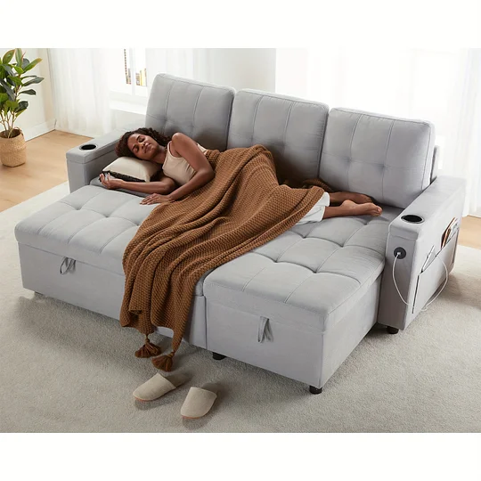 Sofá cama capitoné extra grande de 84" con almacenamiento - 2 puertos USB, portavasos, sillón reclinable en forma de L, estructura de madera maciza y estilo contemporáneo - Gris claro