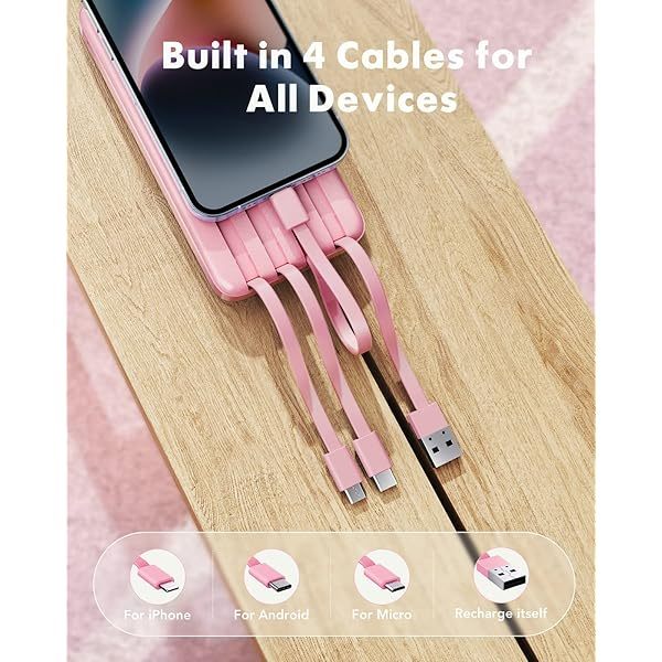 Portable Charger with Built in Cables, Portable Charger with Cords Wires Slim 10000mAh Travel Essentials Battery Pack 6 Outputs 3A High Speed Power Bank for iPhone Samsung Pixel LG Moto iPad A-Black