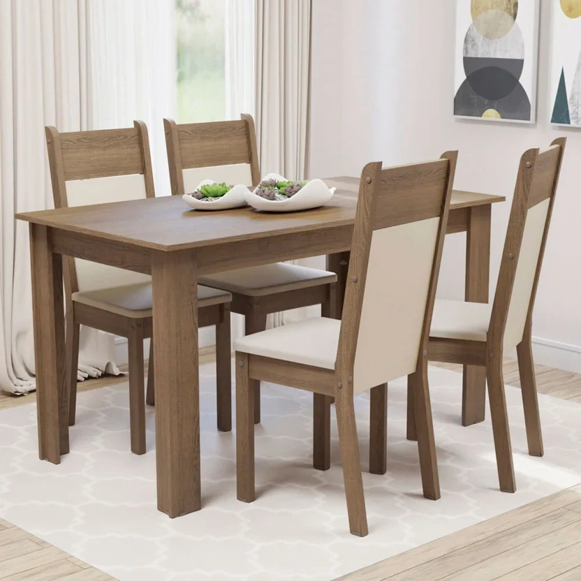 Conjunto Comedor Mesa Tapa Madera con 4 Sillas Marrón/Crema/Beige