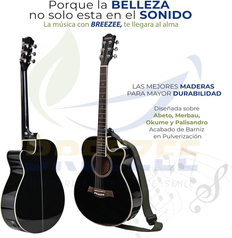 Guitarra Electroacústica de 40” Diseñada sobre Abeto, Merbau, Okume y Palisandro. Acabado de Barniz en Pulverización, Incluye Set de Accesorios Completo para Principiante