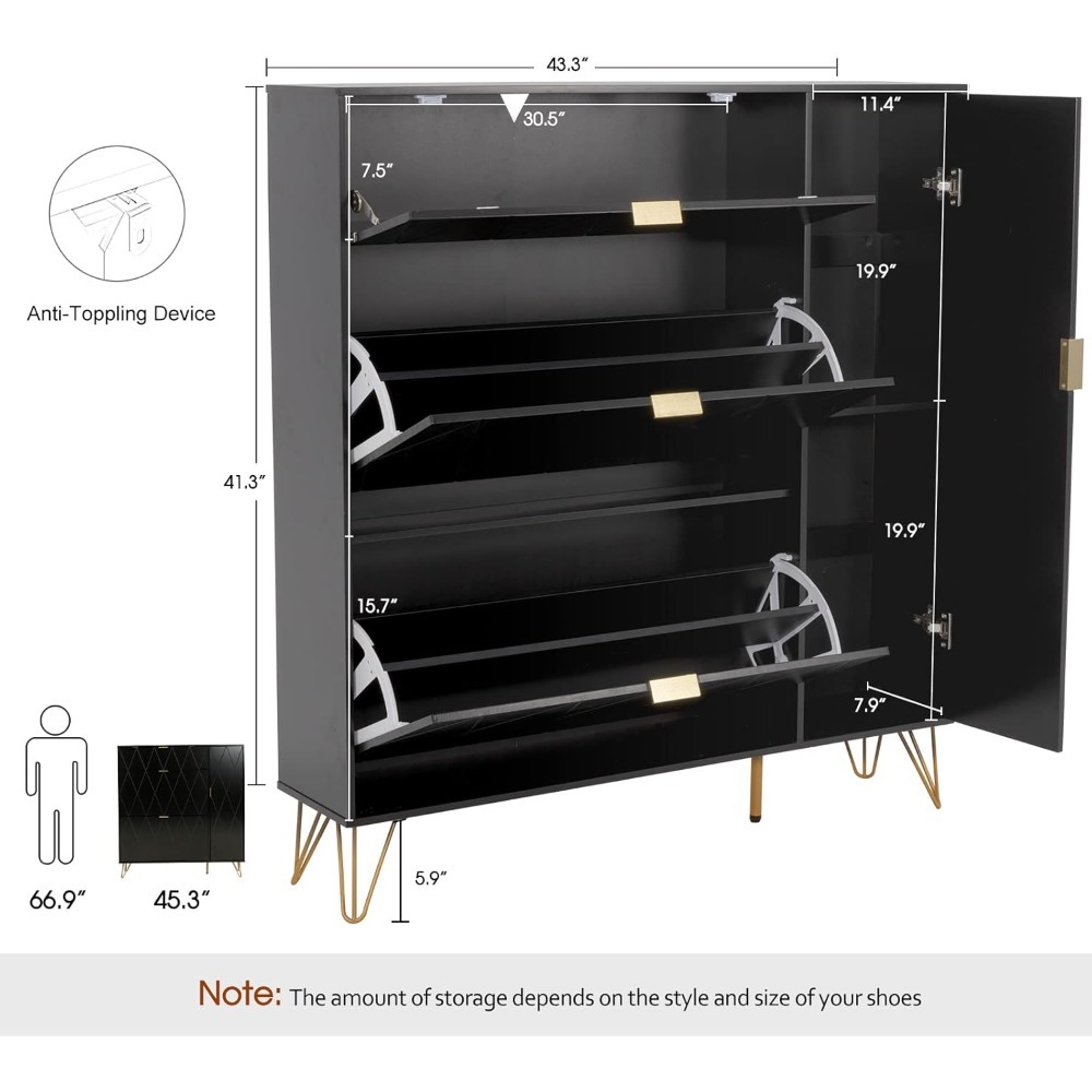 Shoes Storage Cabinet with 3 Flip Drawers & Boot Rack,Freestanding Modern Shoes Organizer with Metal Legs, Black Entryway Shoe