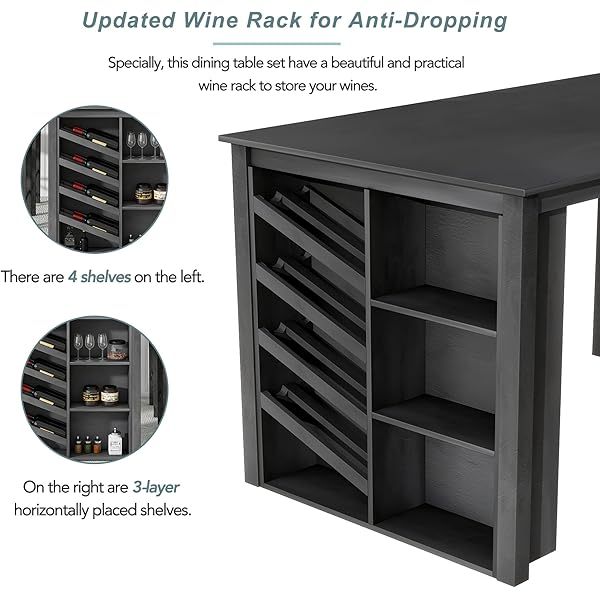Juego de mesa de comedor de altura de mostrador con 4 sillas, mesa de cocina de madera maciza con gabinete de almacenamiento y cajón, tablero de mesa de mármol sintético, color negro