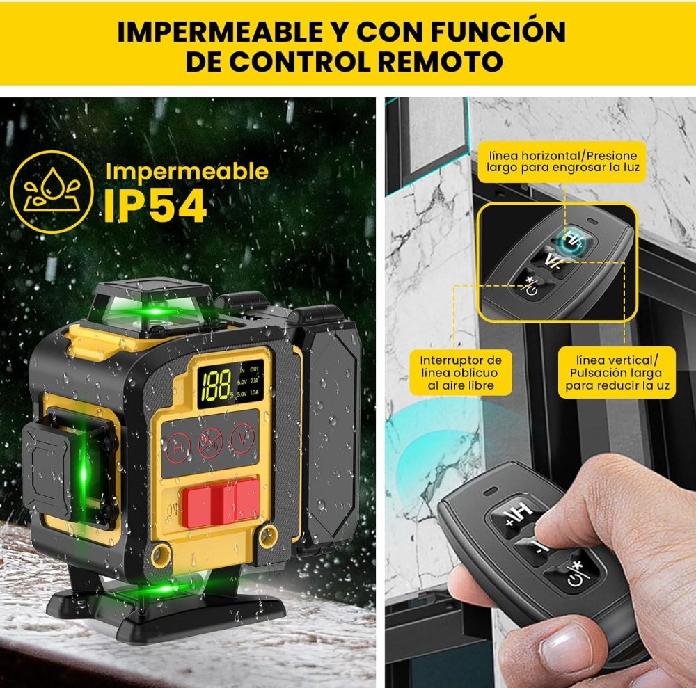 Nivel láser autonivelante con trípode, nivel láser 4D de 16 líneas, nivel láser en cruz verde de 360°, nivel autonivelante con mando a distancia, soporte y caja de herramientas