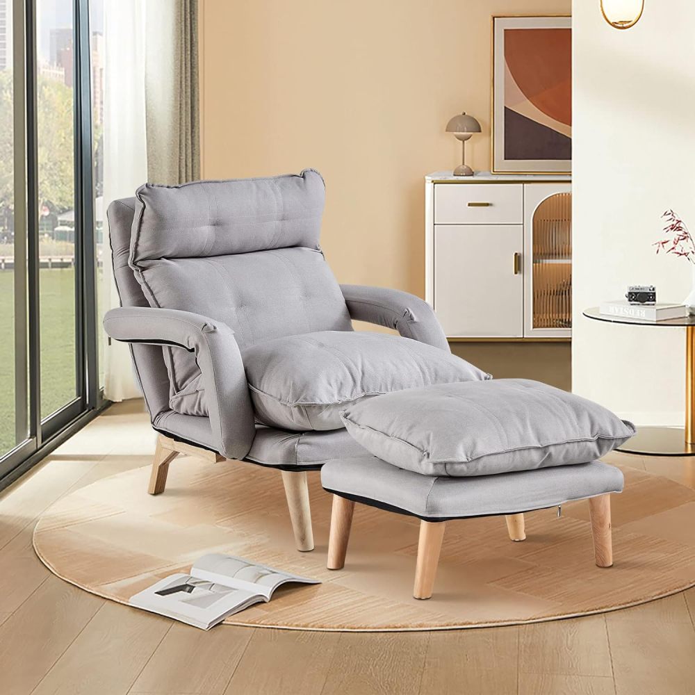 Modern Living Room Accent Chair w/ Ottoman, Comfy Linen Armchair w/ Adjustable Backrest, Solid Wood Legs, Sofa Chair w/Footrest