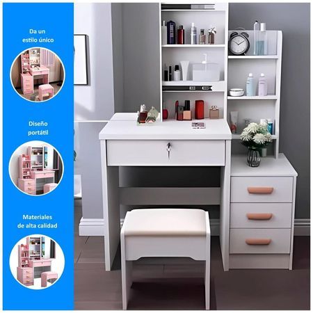 Tocador con espejo amplio y silla acolchada para dormitorio Blanco