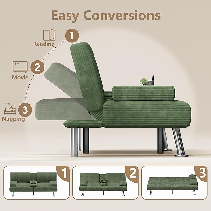 Futón sofá cama, sofá plegable de pana ajustable, sofá cama para apartamentos pequeños, juego de muebles tapizados para sala de estar con 2 soportes para tazas (verde)