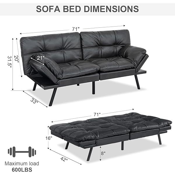 Sofá cama futón de espuma viscoelástica ajustable, sofá con respaldo convertible y reposabrazos, futón plegable, moderno futón cama para sala de estar, apartamento, oficina, habitación pequeña, sofá cama de 71 pulgadas, color negro