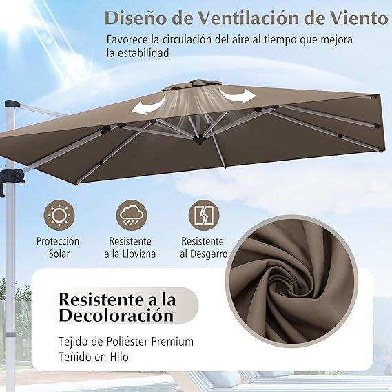 COSTWAY Sombrilla Terraza Exterior rectangular con Base 3x3m, Parasol Jardin Excentrico, Rotación de 360°, Inclinación Ajustable, Guarda Sol Jardin Exterior, Manivela y Base en Cruz