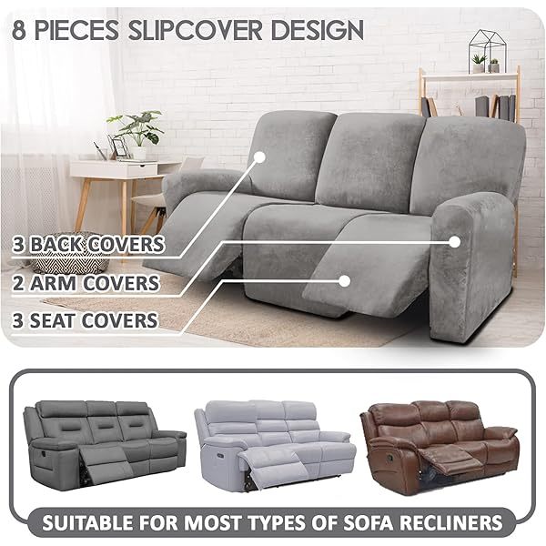 Fundas de sofá reclinables de terciopelo de 8 piezas, fundas elásticas para sofá reclinable de 3 cojines, fundas para sofá reclinable, muebles