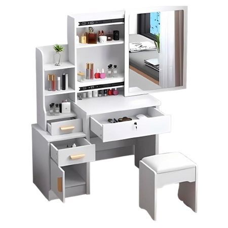 Tocador con espejo amplio y silla acolchada para dormitorio Blanco