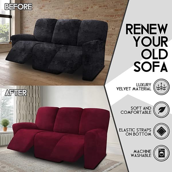 Fundas de sofá reclinables de terciopelo de 8 piezas, fundas elásticas para sofá reclinable de 3 cojines, fundas para sofá reclinable, muebles