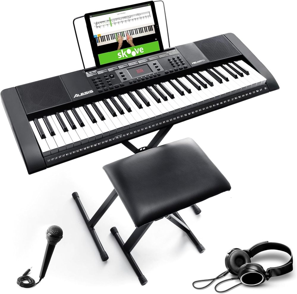 Piano eléctrico con 61 teclas, Teclado Musical con altavoces, audífonos, micrófono, soporte para piano, atril y taburete