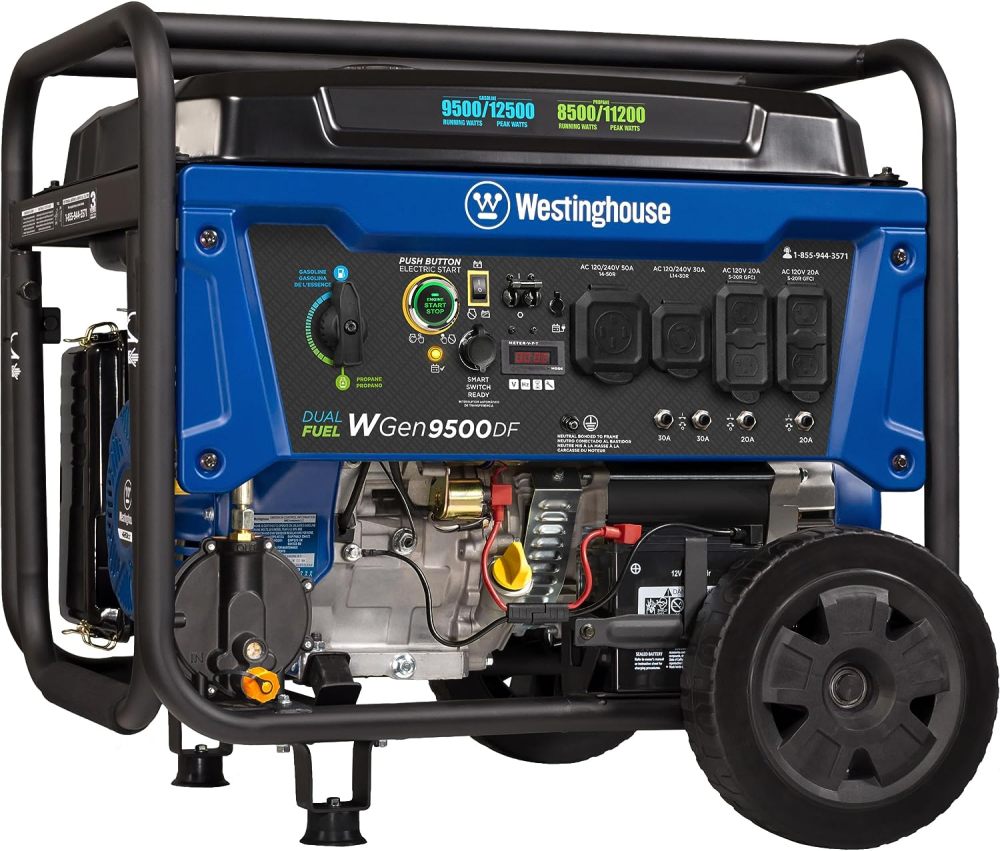Generador portátil de 12500 W, Doble Combustible, Arranque eléctrico Remoto, Interruptor de Transferencia, Alimentado por Gas y propano