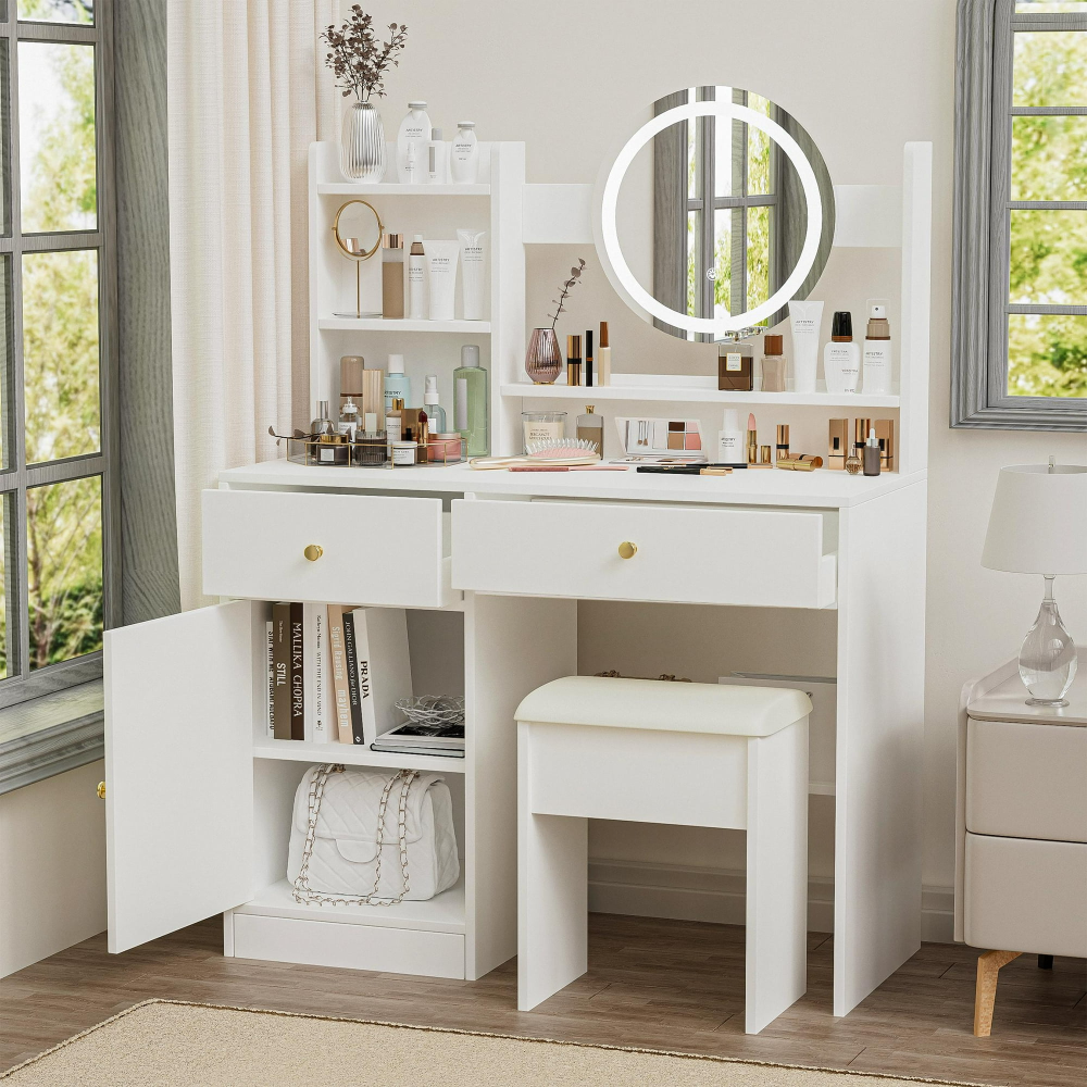 Juego de mesa de comedor para 4, mesa de comedor de 43,3" con 4 sillas tapizadas de cuero sintético, juego de tocador para maquillaje