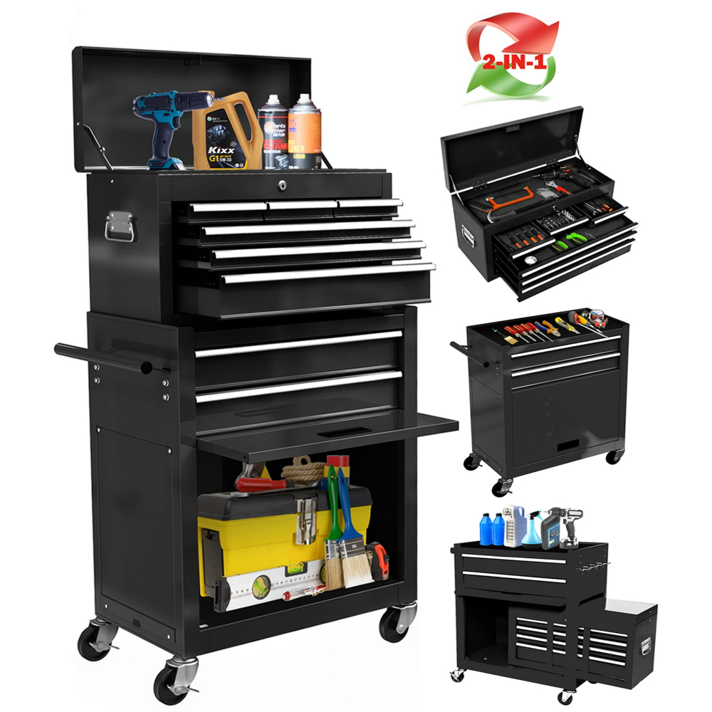 Caja y armario para herramientas 2 en 1, caja de herramientas con ruedas de 8 cajones y gran capacidad
