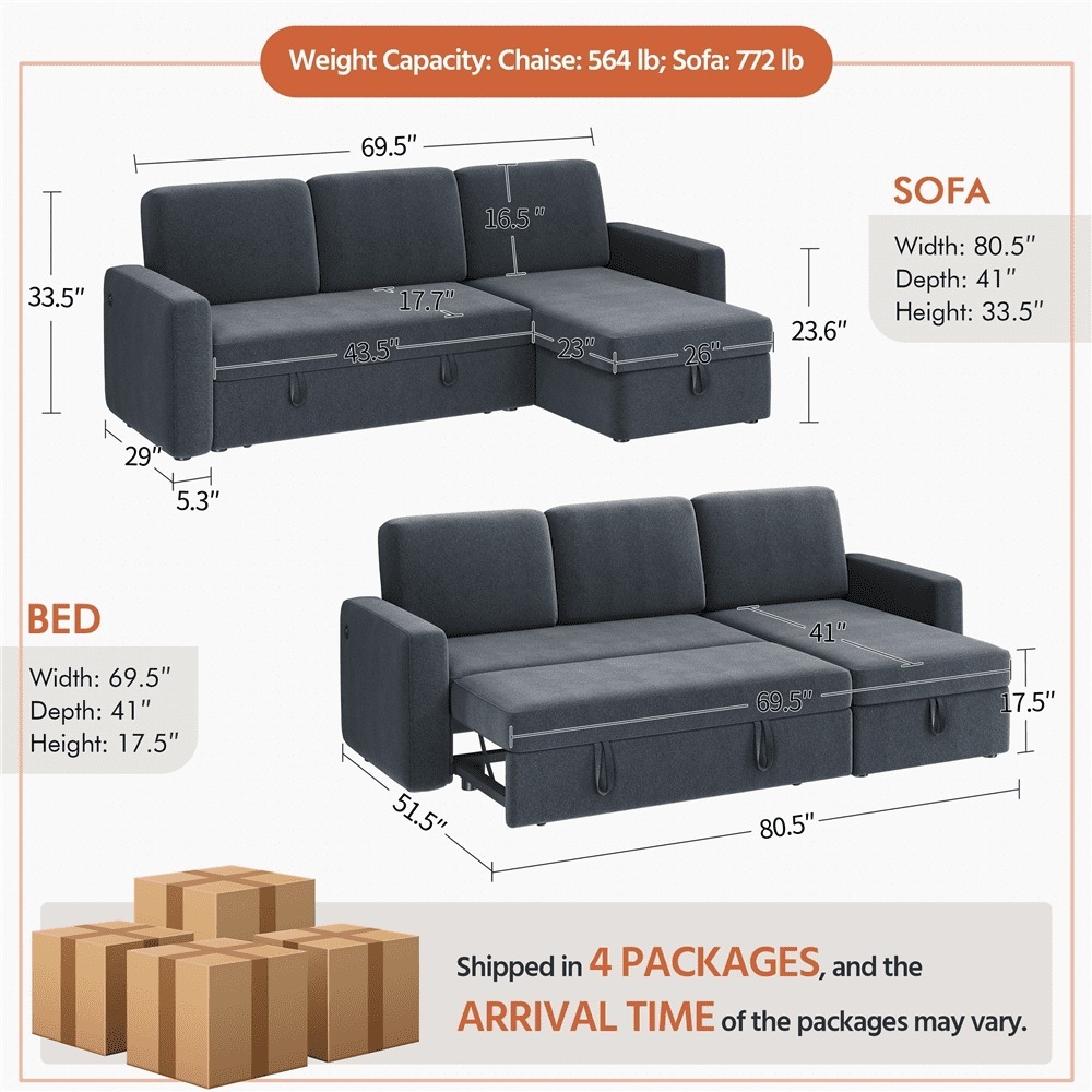 Sofá Seccional Reversible Alden Design con Puertos USB y Type-C para Sala de Estar