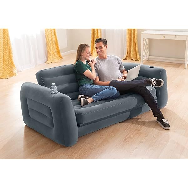 Sofá inflable extraíble: portavasos incorporado, superficie aterciopelada, válvula 2 en 1, se pliega de manera compacta, tamaño Queen de 46" x 88" x 26"