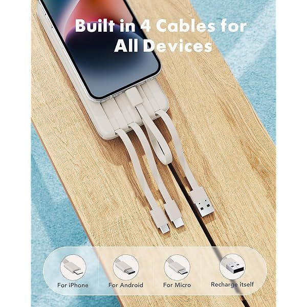 Portable Charger with Built in Cables, Portable Charger with Cords Wires Slim 10000mAh Travel Essentials Battery Pack 6 Outputs 3A High Speed Power Bank for iPhone Samsung Pixel LG Moto iPad A-Black