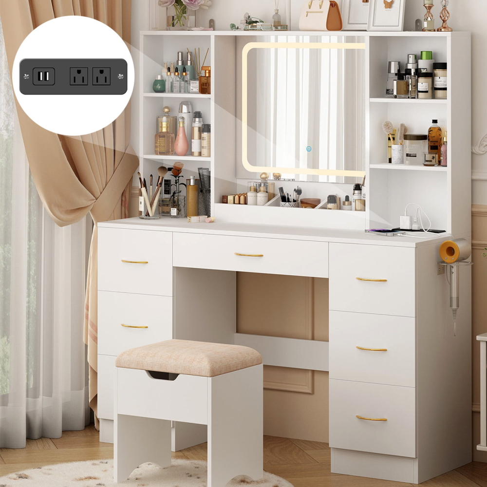 Tocador grande de 47" con espejo con luz LED, toma de corriente y 7 cajones, juego de tocador con taburete de almacenamiento y soporte para secador de pelo.