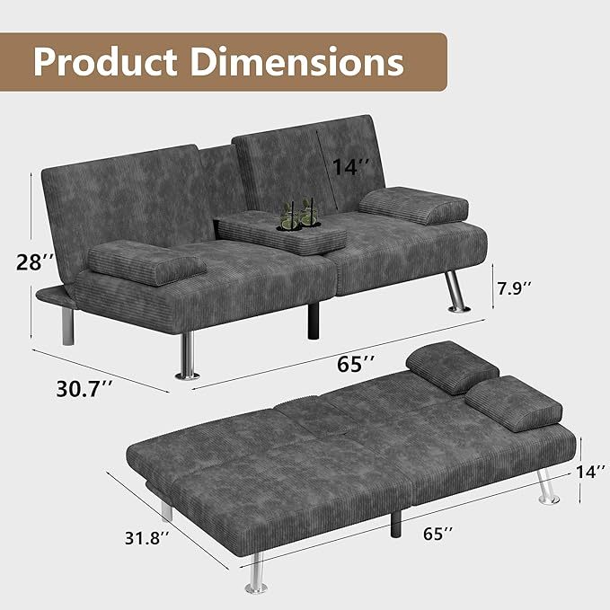 Futón sofá cama, sofá plegable de pana ajustable, sofá cama para apartamentos pequeños, juego de muebles tapizados para sala de estar con 2 soportes para tazas (verde)