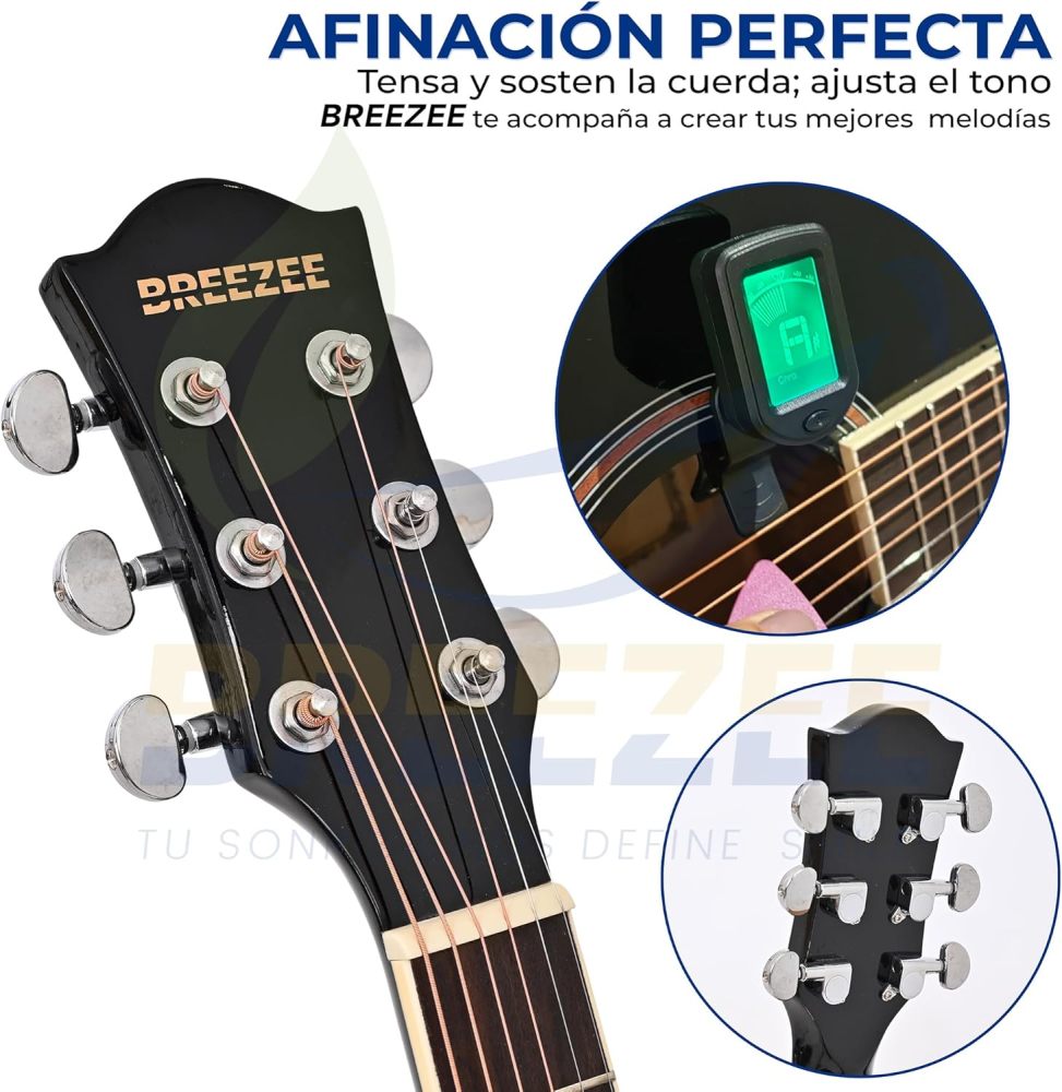 Guitarra Electroacústica de 40” Diseñada sobre Abeto, Merbau, Okume y Palisandro. Acabado de Barniz en Pulverización, Incluye Set de Accesorios Completo para Principiante