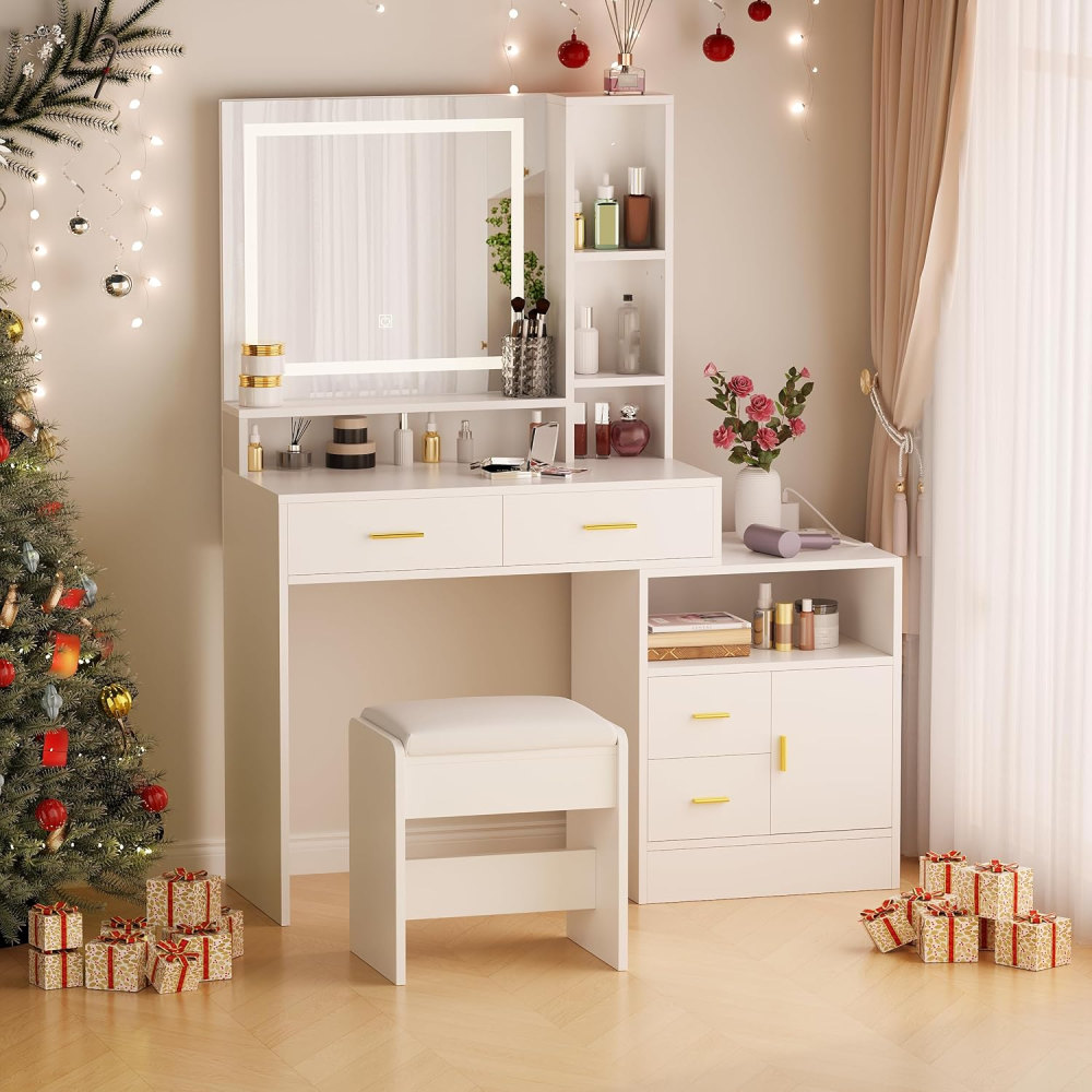 Escritorio blanco con espejo y luces, tocador de maquillaje, juego de tocador de