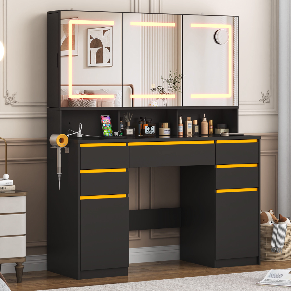 Tocador grande de 47" con espejo con luz LED, toma de corriente y 7 cajones, juego de tocador con taburete de almacenamiento y soporte para secador de pelo.