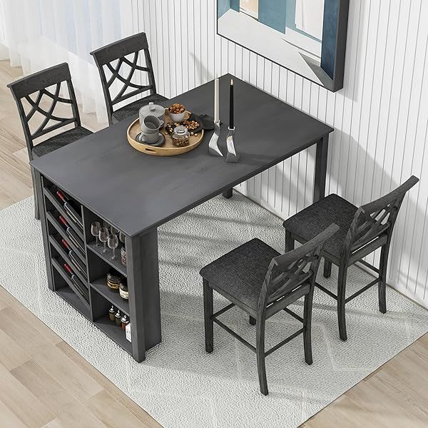 Juego de mesa de comedor de altura de mostrador con 4 sillas, mesa de cocina de madera maciza con gabinete de almacenamiento y cajón, tablero de mesa de mármol sintético, color negro