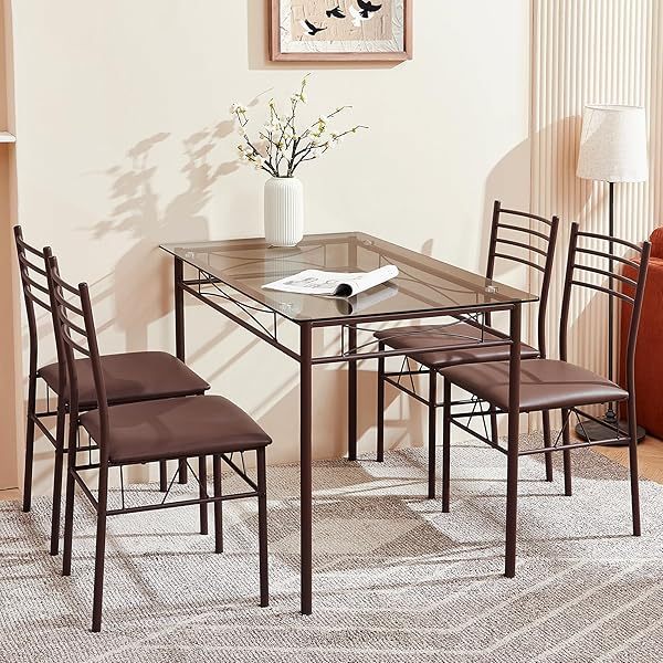 juego de mesa de comedor con mesa de vidrio para 4, Negro