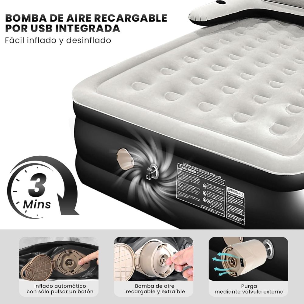 Colchón de Aire Inflable con Cabecero, Bomba de Aire Eléctrica Inalámbrica, 2 Almohada Inflable, Inflado Rápido Automático, Cama Inflable Queen para Hogar, Viajes y Camping