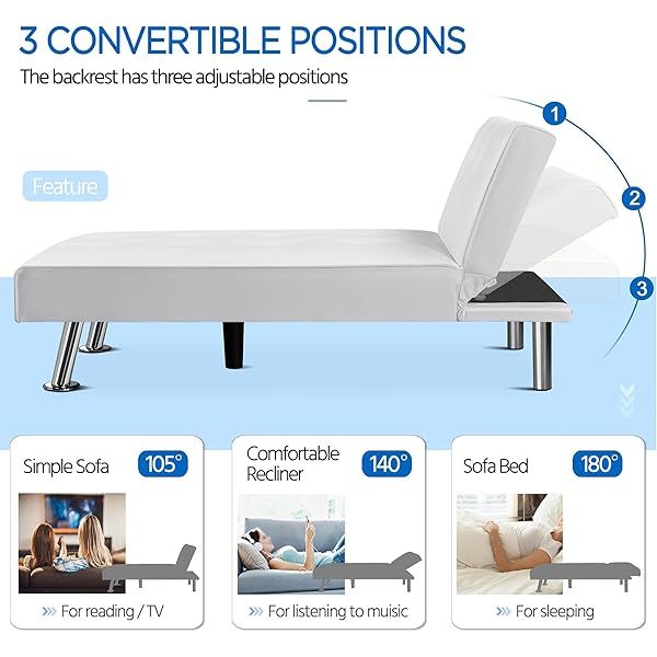 Sofá cama convertible de piel sintética, sofá futón, sofá reclinable moderno, sofá cama con patas de metal cromado