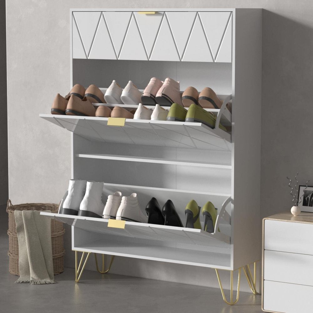 Shoes Storage Cabinet with 3 Flip Drawers & Boot Rack,Freestanding Modern Shoes Organizer with Metal Legs, Black Entryway Shoe