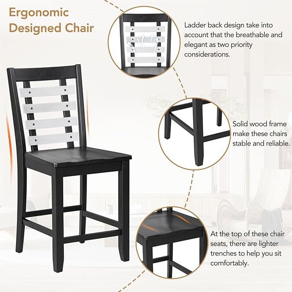 Juego de mesa de comedor de altura de mostrador con 4 sillas, mesa de cocina de madera maciza con gabinete de almacenamiento y cajón, tablero de mesa de mármol sintético, color negro