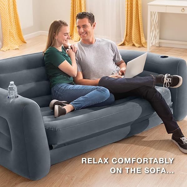 Sofá inflable extraíble: portavasos incorporado, superficie aterciopelada, válvula 2 en 1, se pliega de manera compacta, tamaño Queen de 46" x 88" x 26"