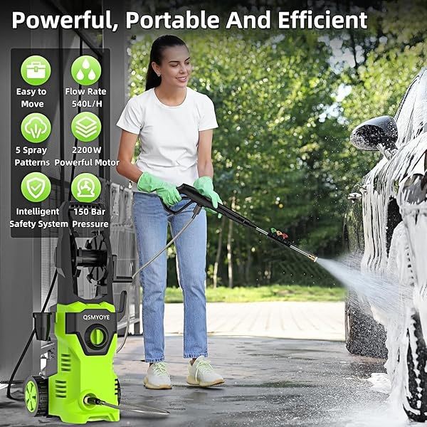 Hidrolimpiadora de Alta Presion, 2200W 150Bar Presión de Trabajo, Caudal 540L/H con Boquilla Ajustable, Hidrolimpiadora Profesional para Coches, Vallas, Patios | Manguera de 10 m Incluida Verde