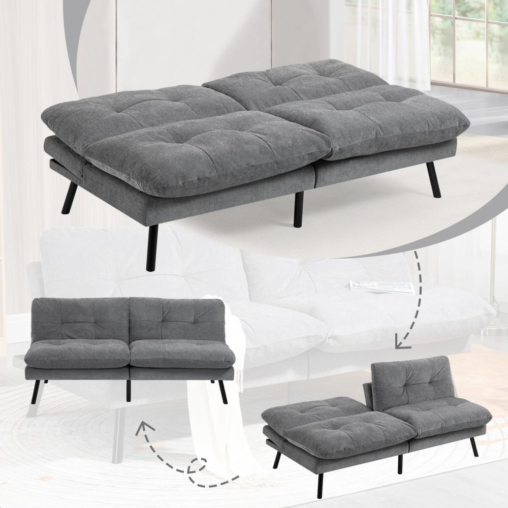 Sofá Cama de 2 Plazas, Sofá de Dos Usos Futon de Estilo Moderno, con Respaldo Doble Ajustable de 120 a 180 Grados, Salas de Estar y Dormitorios, Tela de Lino, Gris