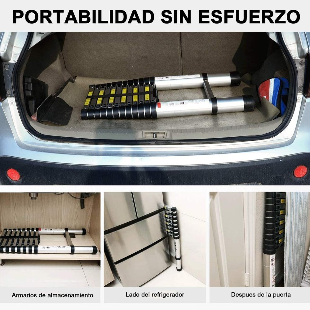 Escalera Telescópica de 3.8 Metros, Escalera de Telescópica de Aluminio Soporta 150 kg, Plegable De retracción Multiusos Extensible Compacta y Portátil De Escalón-Guantes antideslizantes anti