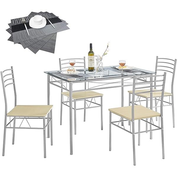 Mesa de comedor con 4 sillas [4 manteles individuales incluidos, negro, 43,3 x 27,5 x 30, 15,7 x 16,9 x 33,8] Juego de mesa de comedor negro para 4