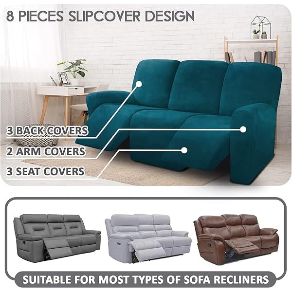 Fundas de sofá reclinables de terciopelo de 8 piezas, fundas elásticas para sofá reclinable de 3 cojines, fundas para sofá reclinable, muebles