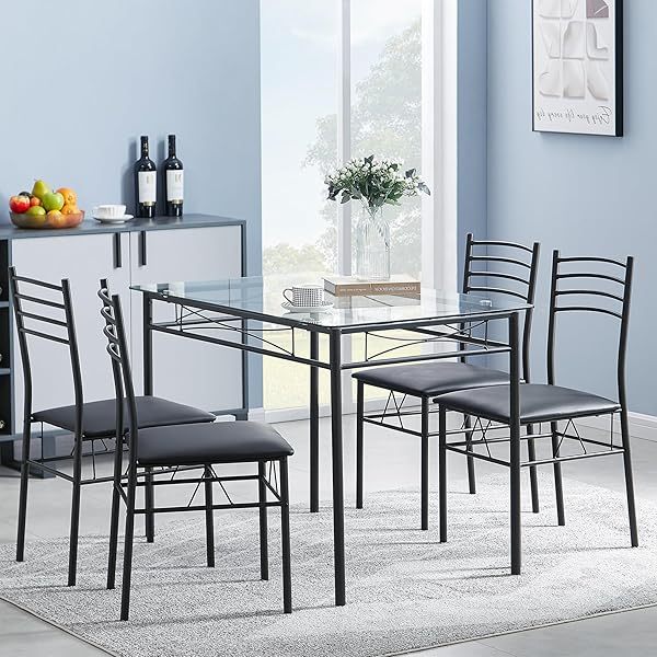 juego de mesa de comedor con mesa de vidrio para 4, Negro