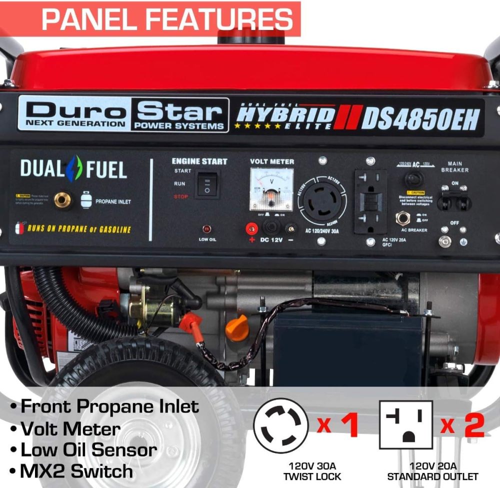 DS10000EH Generador portátil de Doble Combustible, 10000 W, Arranque eléctrico, Respaldo en casa y Listo para RV, Aprobado por 50 Estados, Rojo/Negro