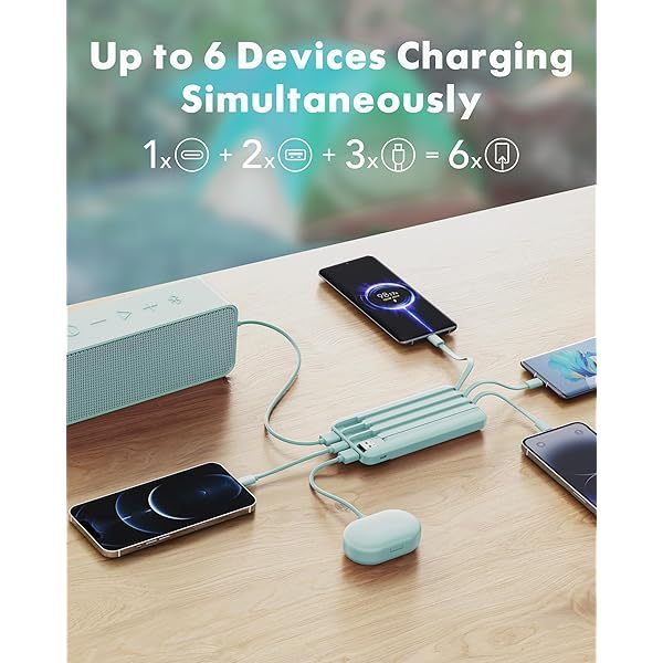 Portable Charger with Built in Cables, Portable Charger with Cords Wires Slim 10000mAh Travel Essentials Battery Pack 6 Outputs 3A High Speed Power Bank for iPhone Samsung Pixel LG Moto iPad A-Black