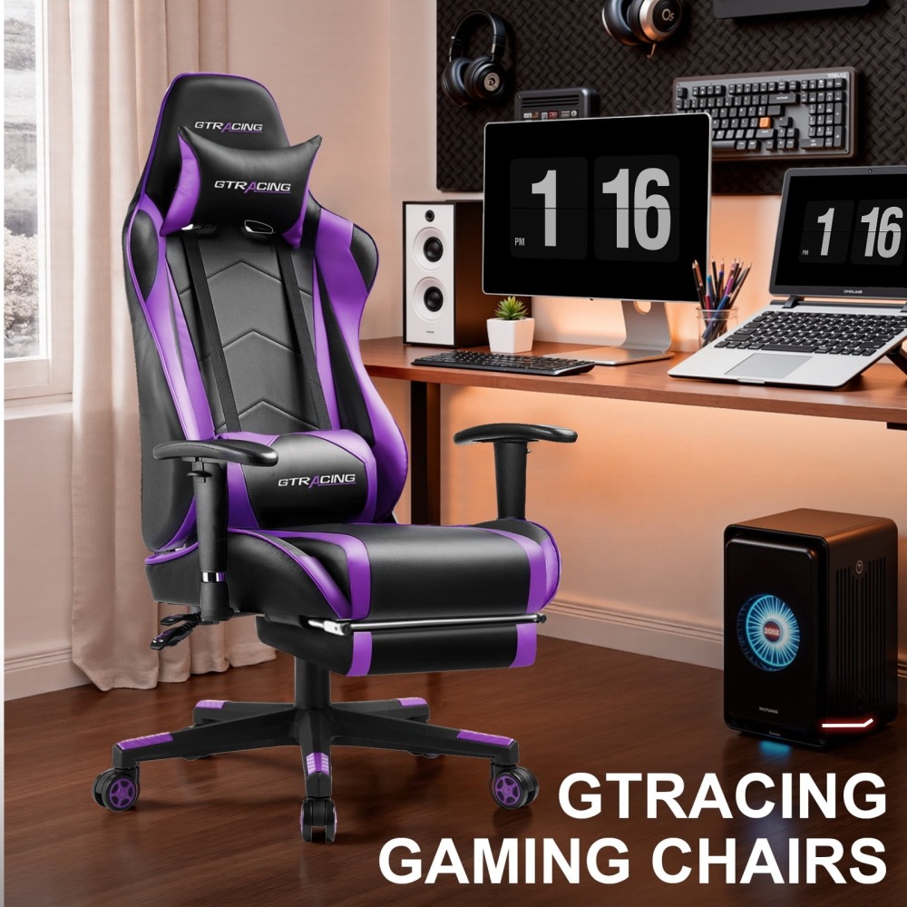 Silla gaming, silla ergonómica de escritorio con soporte lumbar, cuero sintético, reposapiés y reposacabezas ajustable.