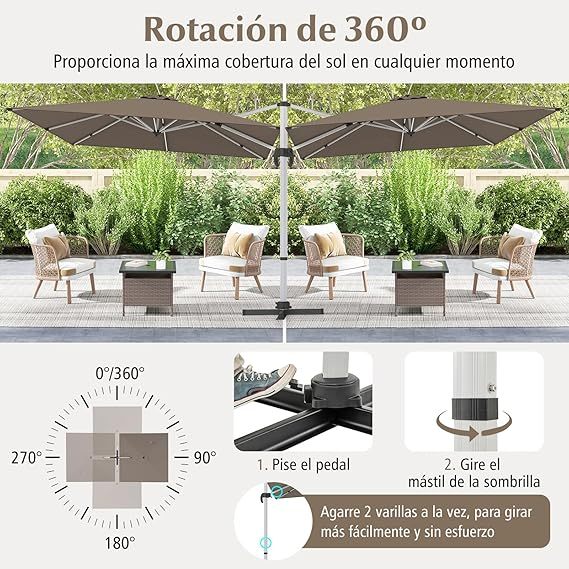 COSTWAY Sombrilla Terraza Exterior rectangular con Base 3x3m, Parasol Jardin Excentrico, Rotación de 360°, Inclinación Ajustable, Guarda Sol Jardin Exterior, Manivela y Base en Cruz