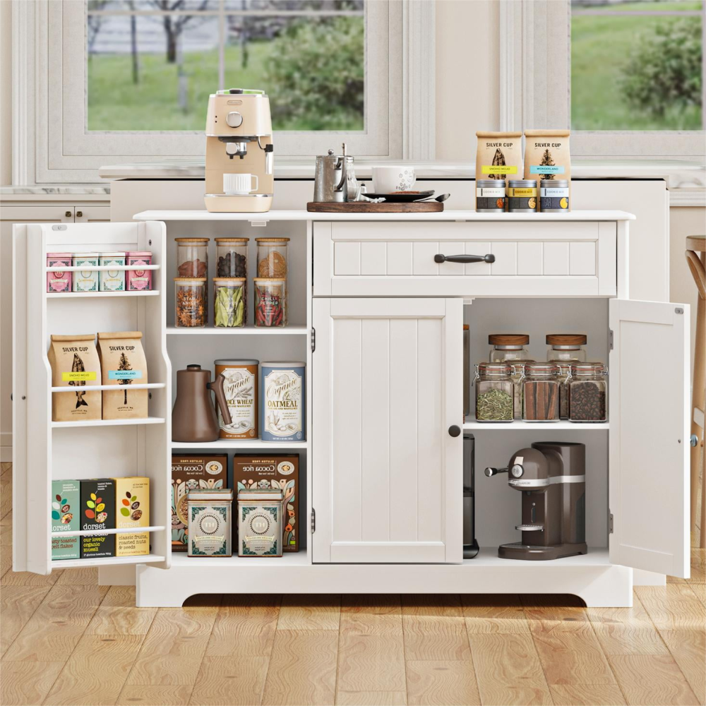 Barra de café, gabinete de almacenamiento de cocina de 42", aparador tipo buffet con 8 estantes, 1 cajón