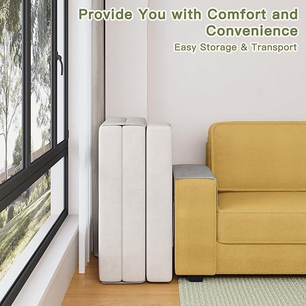 Sofá cama plegable individual con almohada, sofá cama plegable portátil para viajes, campamentos, invitados, tumbona plegable con funda transpirable y lavable, convertible y fácil de guardar, color blanco roto