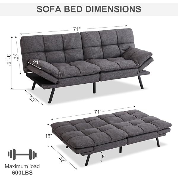 Sofá cama futón de espuma viscoelástica ajustable, sofá con respaldo convertible y reposabrazos, futón plegable, moderno futón cama para sala de estar, apartamento, oficina, habitación pequeña, sofá cama de 71 pulgadas, color negro