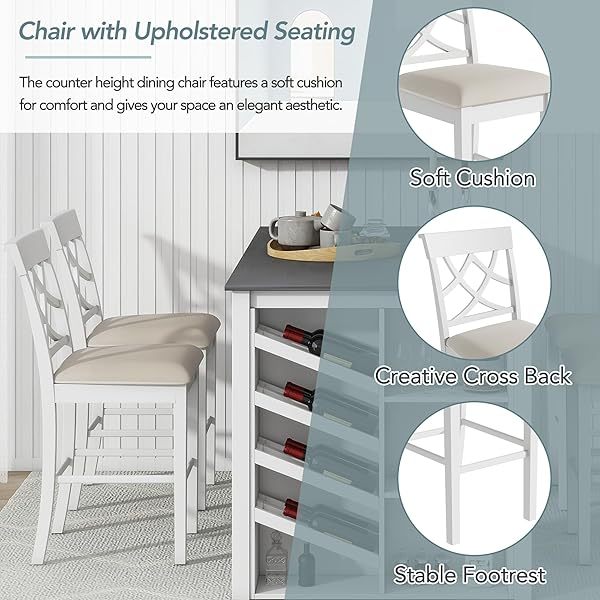 Juego de mesa de comedor de altura de mostrador con 4 sillas, mesa de cocina de madera maciza con gabinete de almacenamiento y cajón, tablero de mesa de mármol sintético, color negro